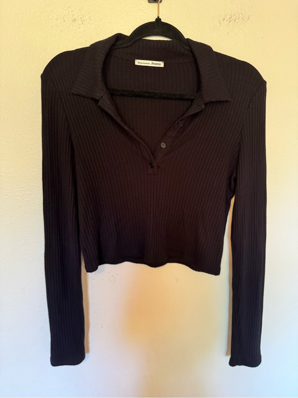 Reformation Jeans Cropped Ribbed Long Sleeve Top Button Collar Black Small EUC